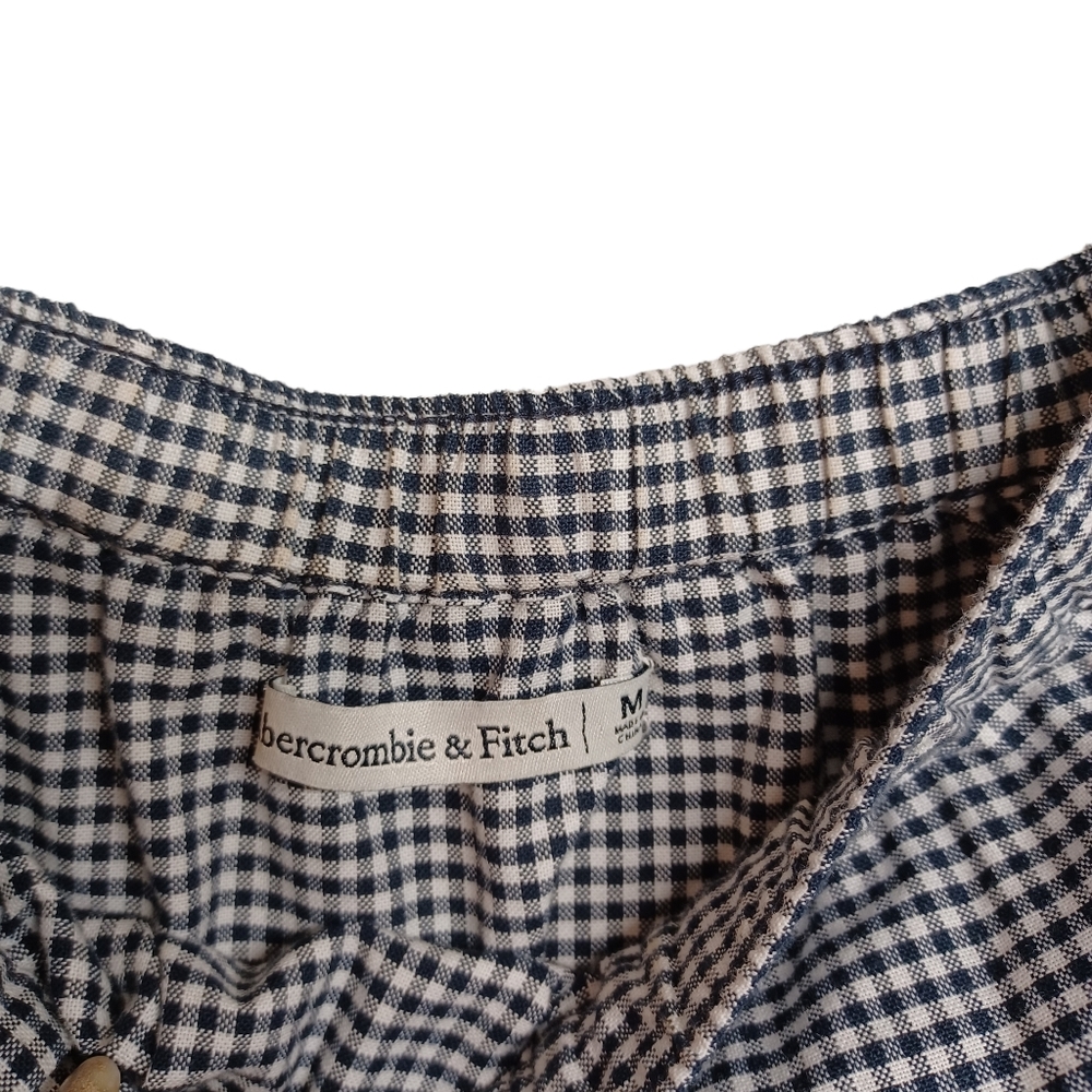 ABERCROMBIE & FITCH Navy Blue White Plaid Checker Print Off Shoulder Flare Top M - Picture 4 of 7